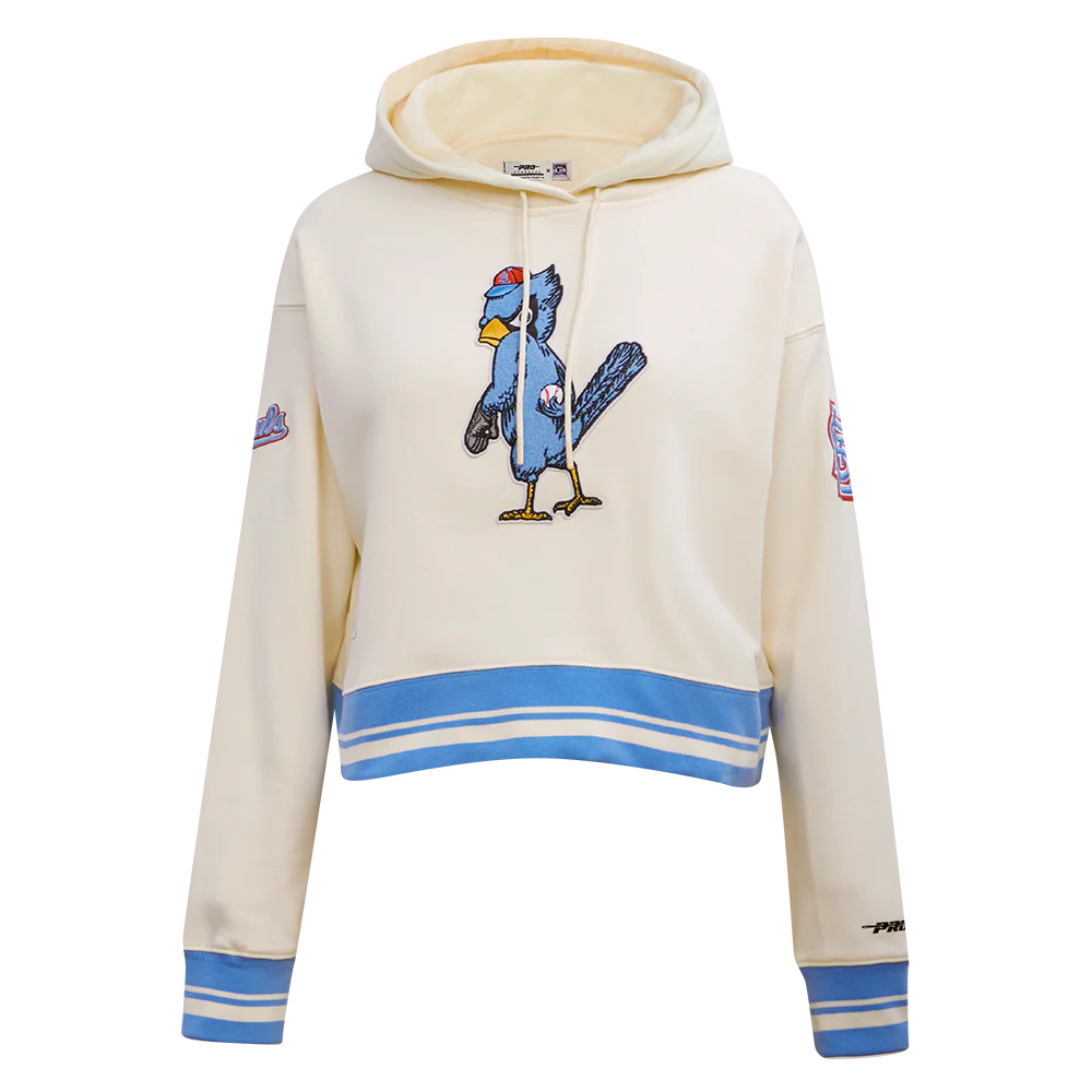 MLB ST. LOUIS CARDINALS RETRO CLASSIC WOMEN'S CROPPED PULLOVER HOODIE (EGGSHELL/ UNIVERSITY BLUE)