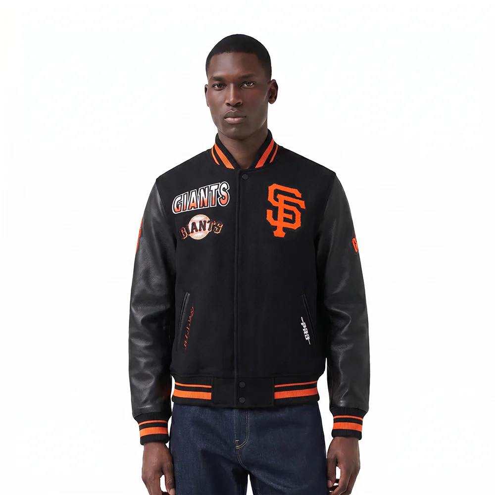 MLB SAN FRANCISCO GIANTS TURN IT UP MEN'S RIB WOOL VARSITY JACKET (BLACK/ORANGE)