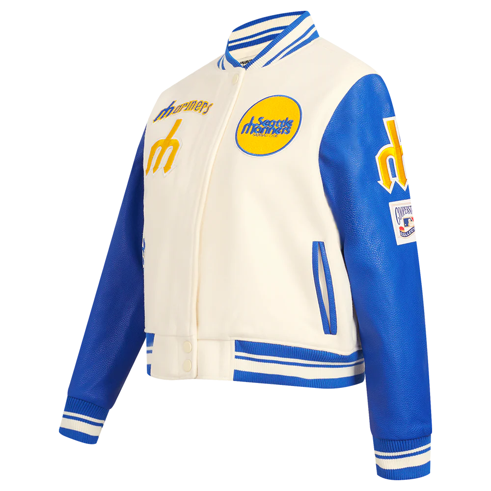 MLB SEATTLE MARINERS RETRO CLASSIC WOMEN'S RIB WOOL VARSITY JACKET (EGGSHELL/ROYAL BLUE) - Image 2