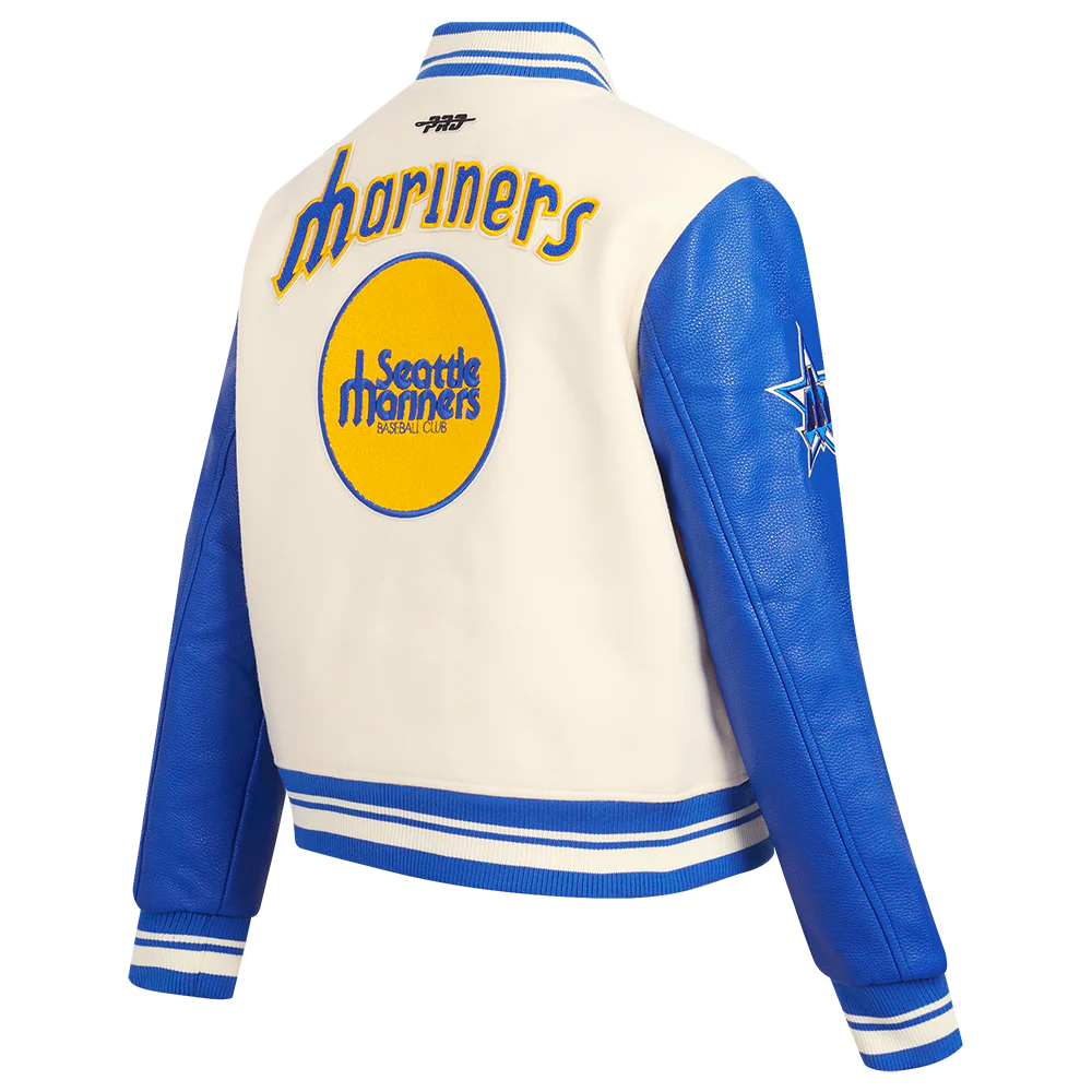 MLB SEATTLE MARINERS RETRO CLASSIC WOMEN'S RIB WOOL VARSITY JACKET (EGGSHELL/ROYAL BLUE) - Image 3