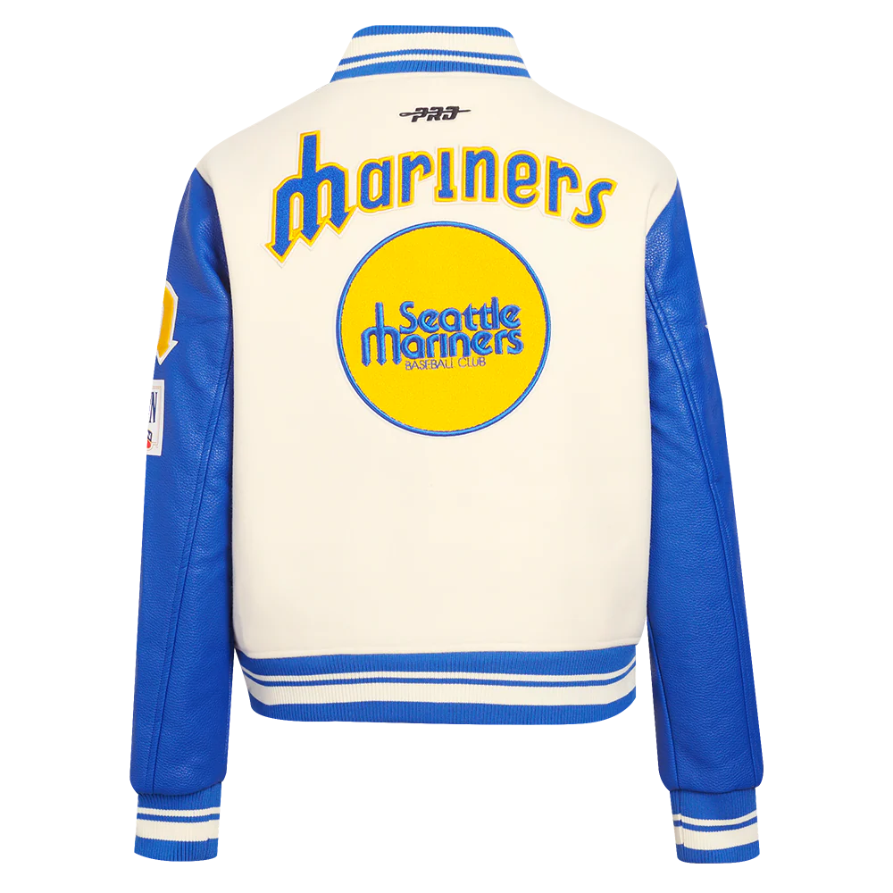 MLB SEATTLE MARINERS RETRO CLASSIC WOMEN'S RIB WOOL VARSITY JACKET (EGGSHELL/ROYAL BLUE) - Image 4
