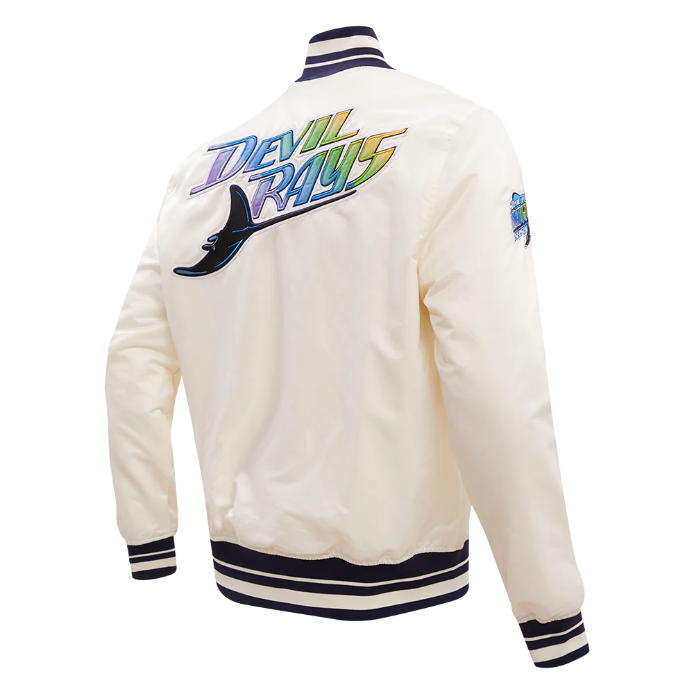 MLB TAMPA DEVIL RAYS RETRO CLASSIC MEN'S RIB SATIN JACKET (EGGSHELL/ MIDNIGHT NAVY) - Image 3