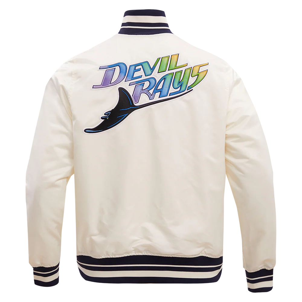 MLB TAMPA DEVIL RAYS RETRO CLASSIC MEN'S RIB SATIN JACKET (EGGSHELL/ MIDNIGHT NAVY) - Image 4