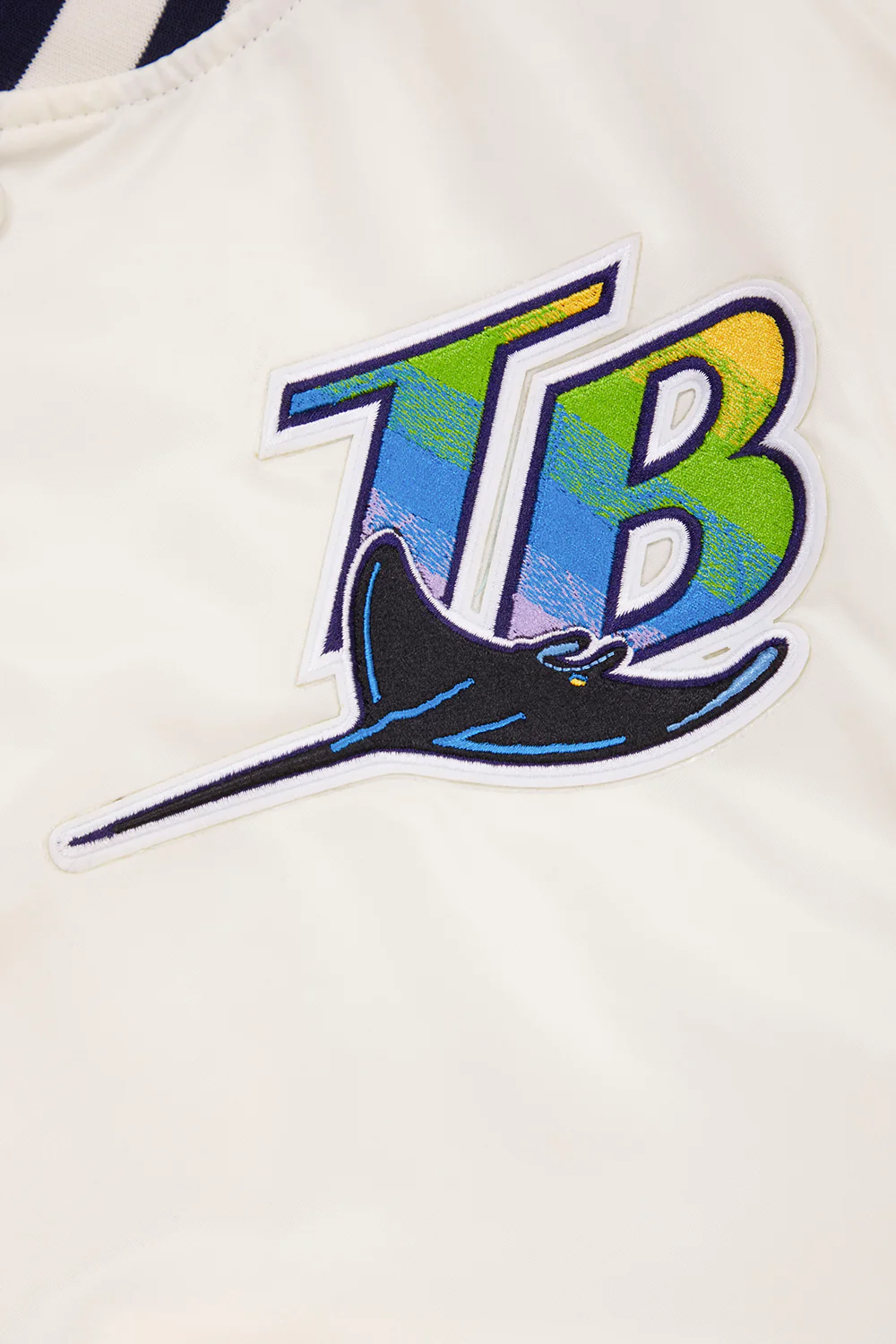 MLB TAMPA DEVIL RAYS RETRO CLASSIC MEN'S RIB SATIN JACKET (EGGSHELL/ MIDNIGHT NAVY) - Image 7