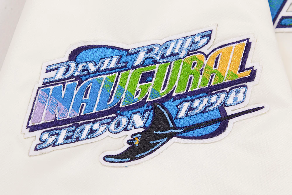 MLB TAMPA DEVIL RAYS RETRO CLASSIC MEN'S RIB SATIN JACKET (EGGSHELL/ MIDNIGHT NAVY) - Image 8